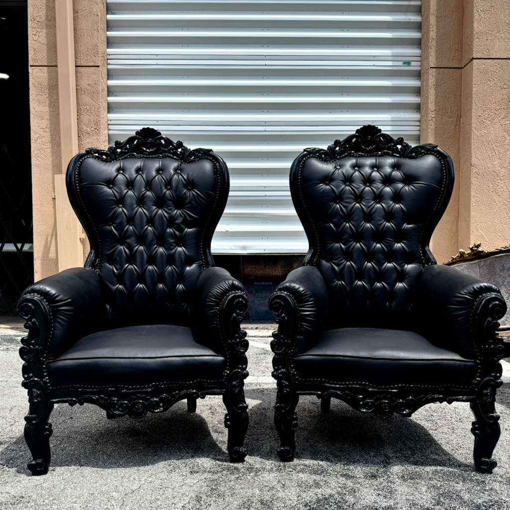 Black Gothic French Throne Chair – All Black Tufted Leather, Hand-Carved Frame, Luxury Statement Chair