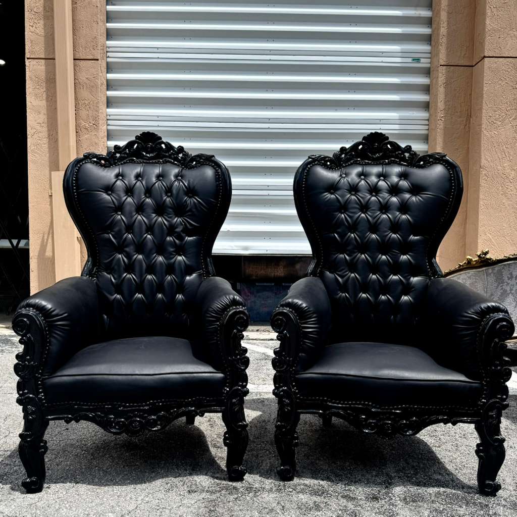 Black Gothic French Throne Chair – All Black Tufted Leather, Hand-Carved Frame, Luxury Statement Chair