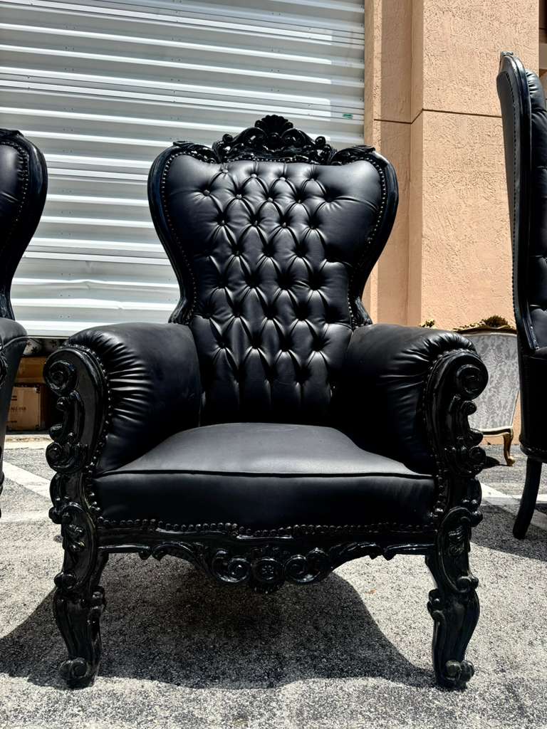 Black Gothic French Throne Chair – All Black Tufted Leather, Hand-Carved Frame, Luxury Statement Chair