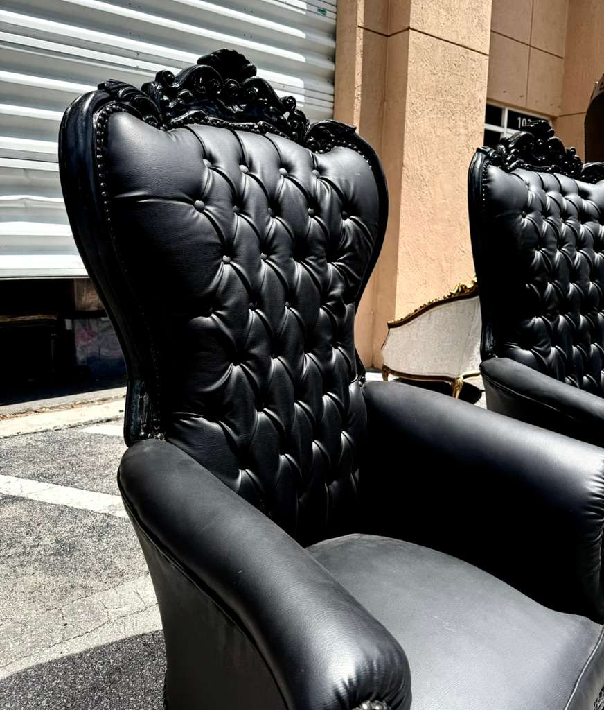 Black Gothic French Throne Chair – All Black Tufted Leather, Hand-Carved Frame, Luxury Statement Chair