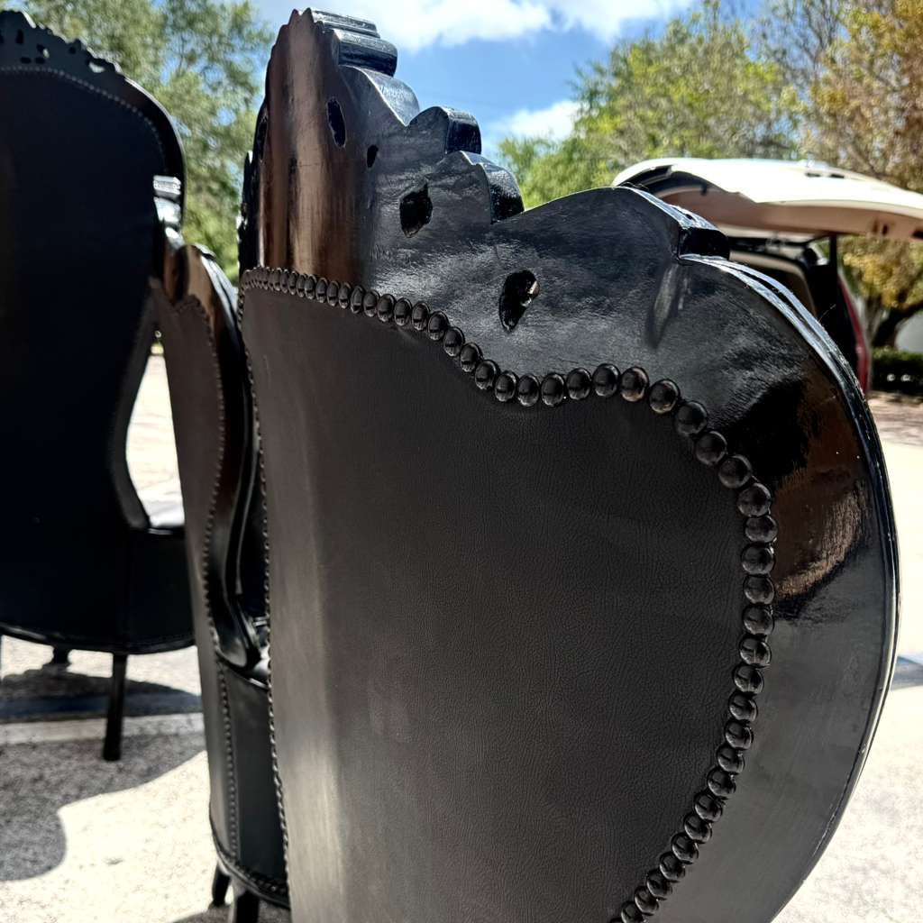 Black Gothic French Throne Chair – All Black Tufted Leather, Hand-Carved Frame, Luxury Statement Chair