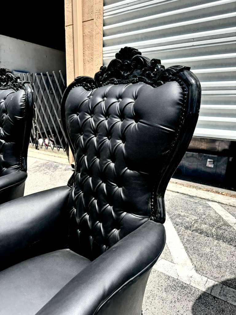 Black Gothic French Throne Chair – All Black Tufted Leather, Hand-Carved Frame, Luxury Statement Chair