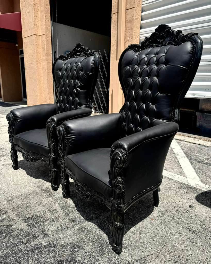 Black Gothic French Throne Chair – All Black Tufted Leather, Hand-Carved Frame, Luxury Statement Chair