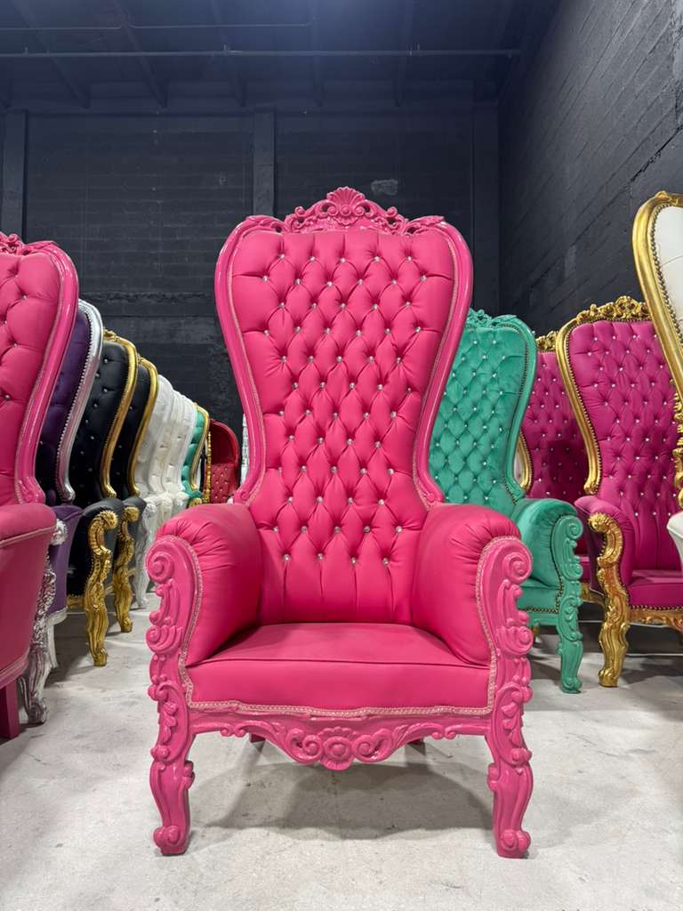 French Pink Leather Throne Chair – High-Back Tufted Accent Chair | As-Is Discounted Piece