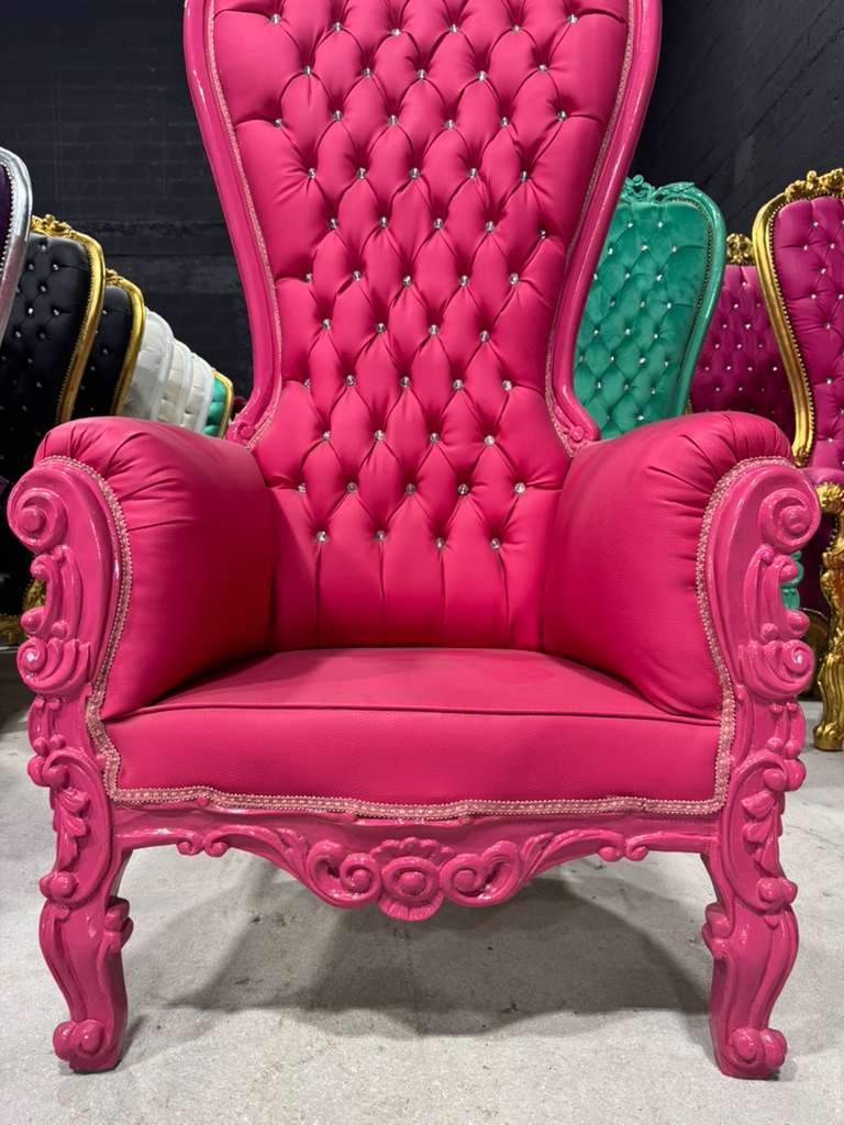 French Pink Leather Throne Chair – High-Back Tufted Accent Chair | As-Is Discounted Piece