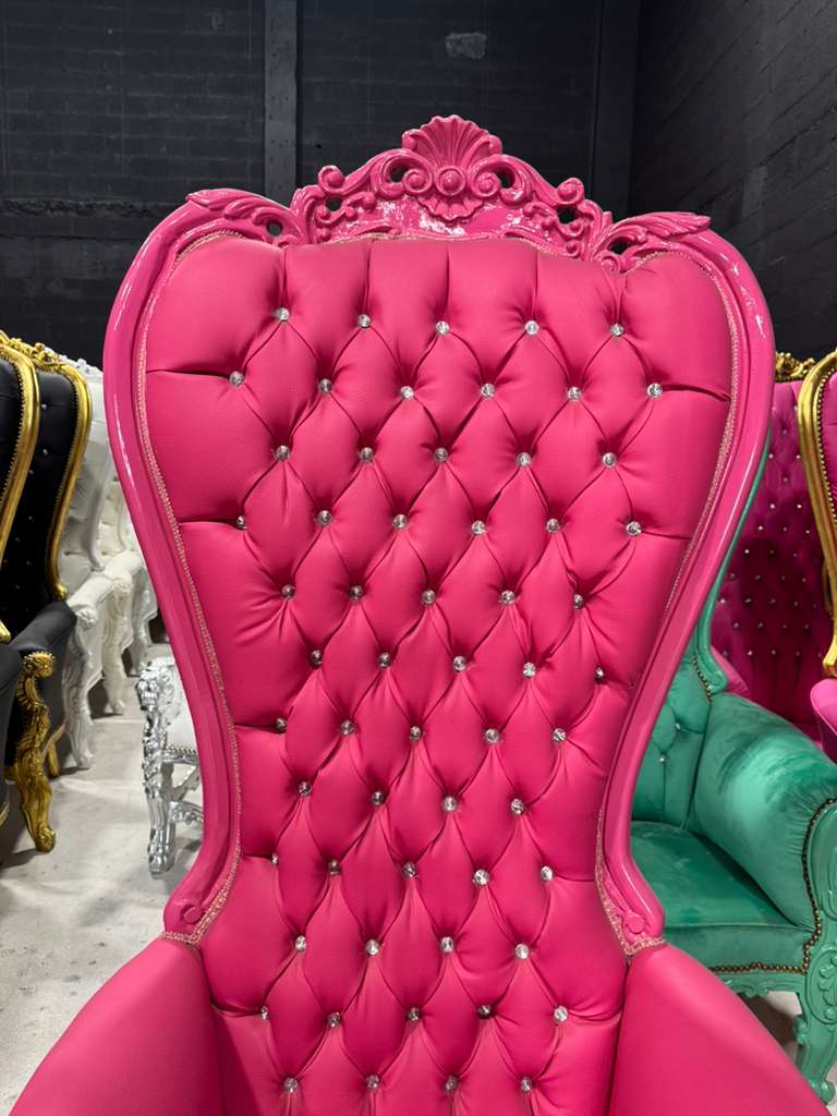 French Pink Leather Throne Chair – High-Back Tufted Accent Chair | As-Is Discounted Piece