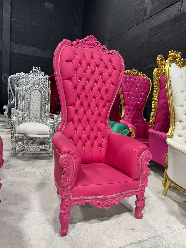 French Pink Leather Throne Chair – High-Back Tufted Accent Chair | As-Is Discounted Piece