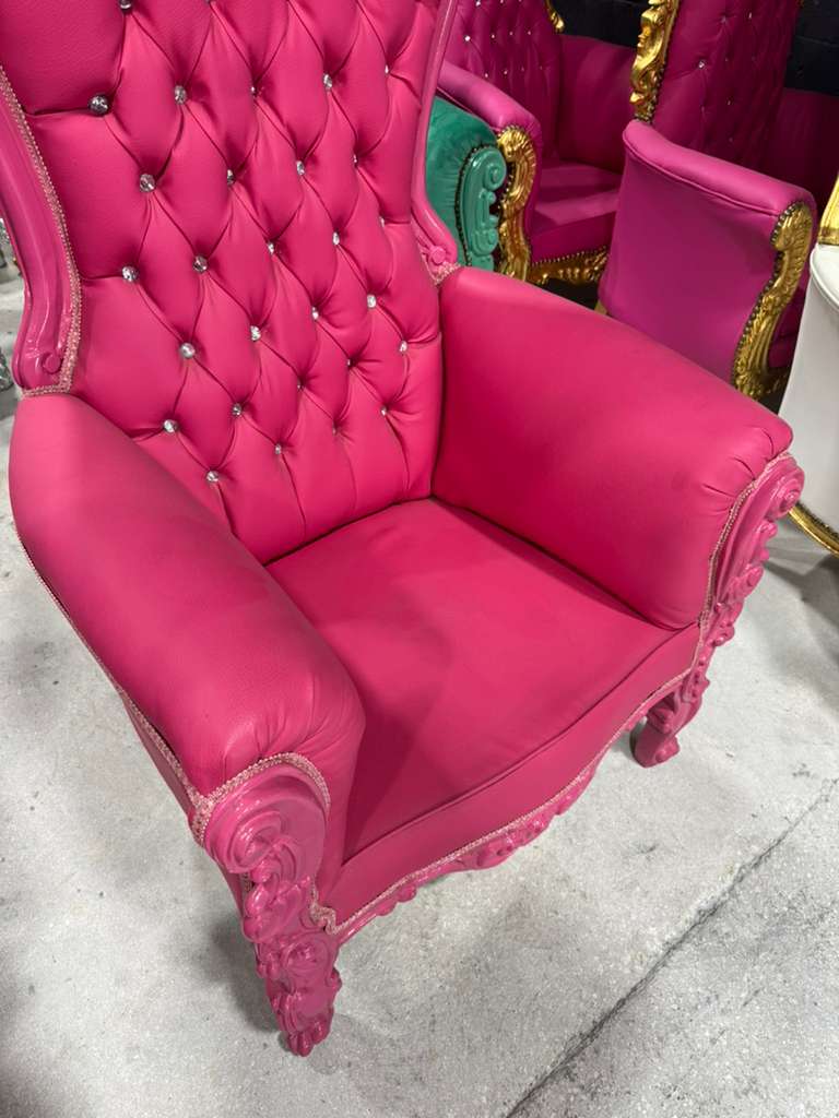 French Pink Leather Throne Chair – High-Back Tufted Accent Chair | As-Is Discounted Piece