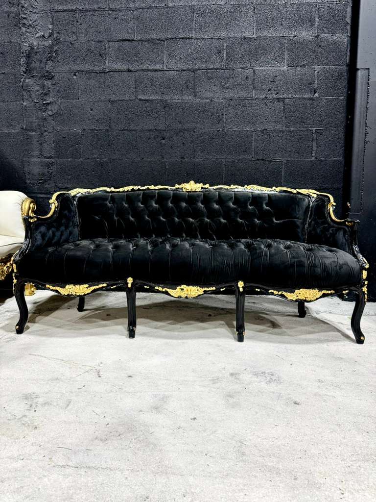 Midnight Gothic Black Velvet Sofa with Hand-Applied 24K Gold Leaf Frame