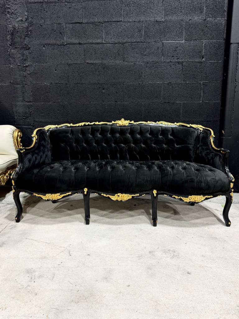 Midnight Gothic Black Velvet Sofa with Hand-Applied 24K Gold Leaf Frame