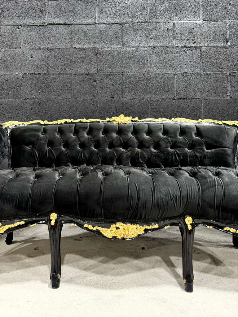 Midnight Gothic Black Velvet Sofa with Hand-Applied 24K Gold Leaf Frame