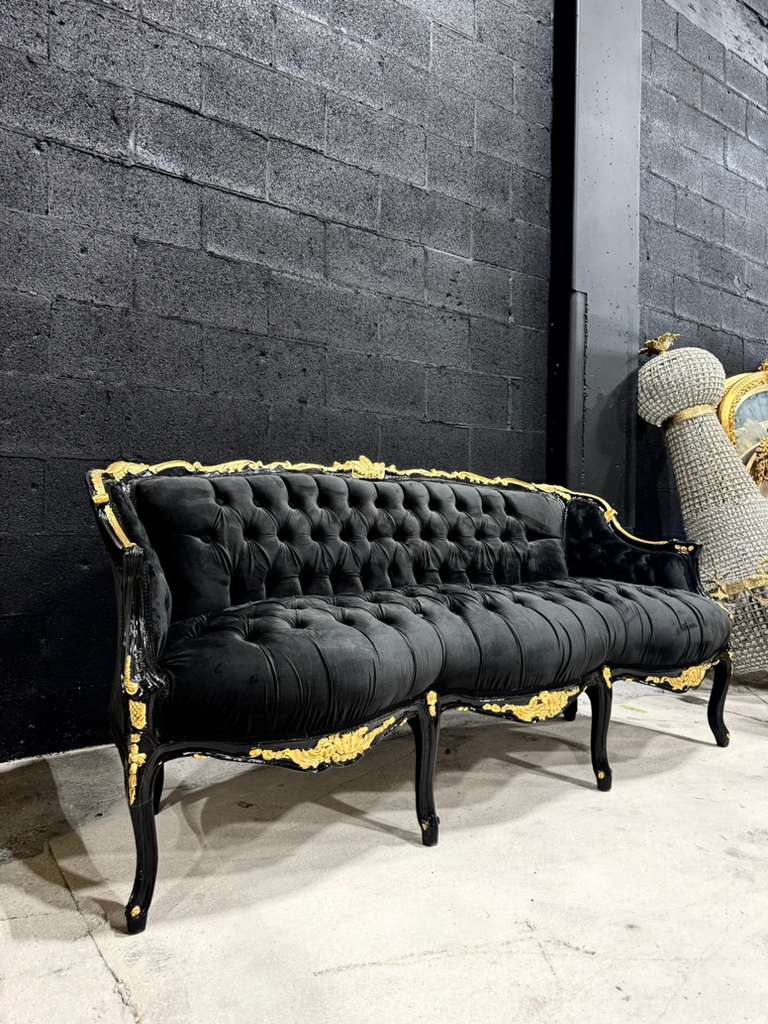 Midnight Gothic Black Velvet Sofa with Hand-Applied 24K Gold Leaf Frame