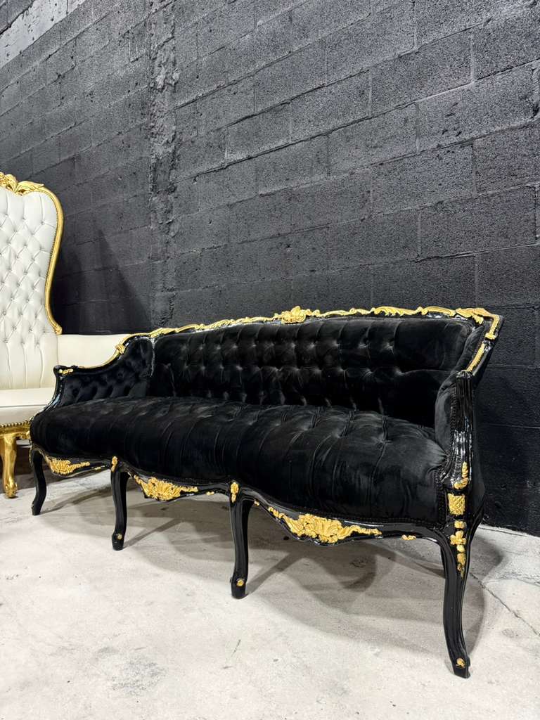 Midnight Gothic Black Velvet Sofa with Hand-Applied 24K Gold Leaf Frame