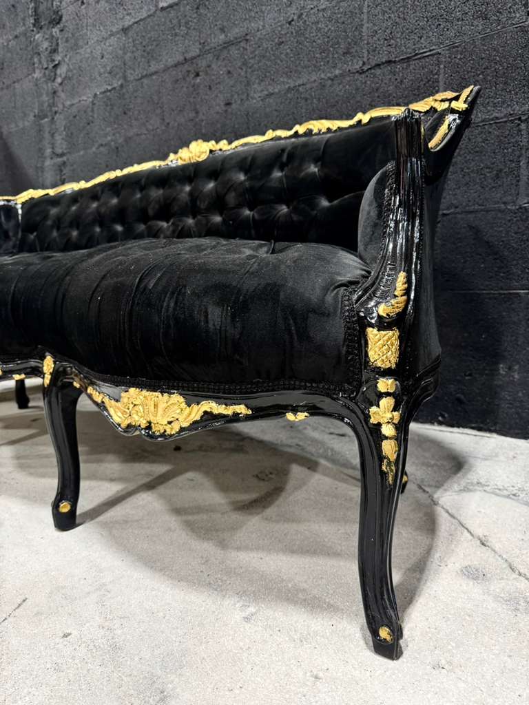 Midnight Gothic Black Velvet Sofa with Hand-Applied 24K Gold Leaf Frame