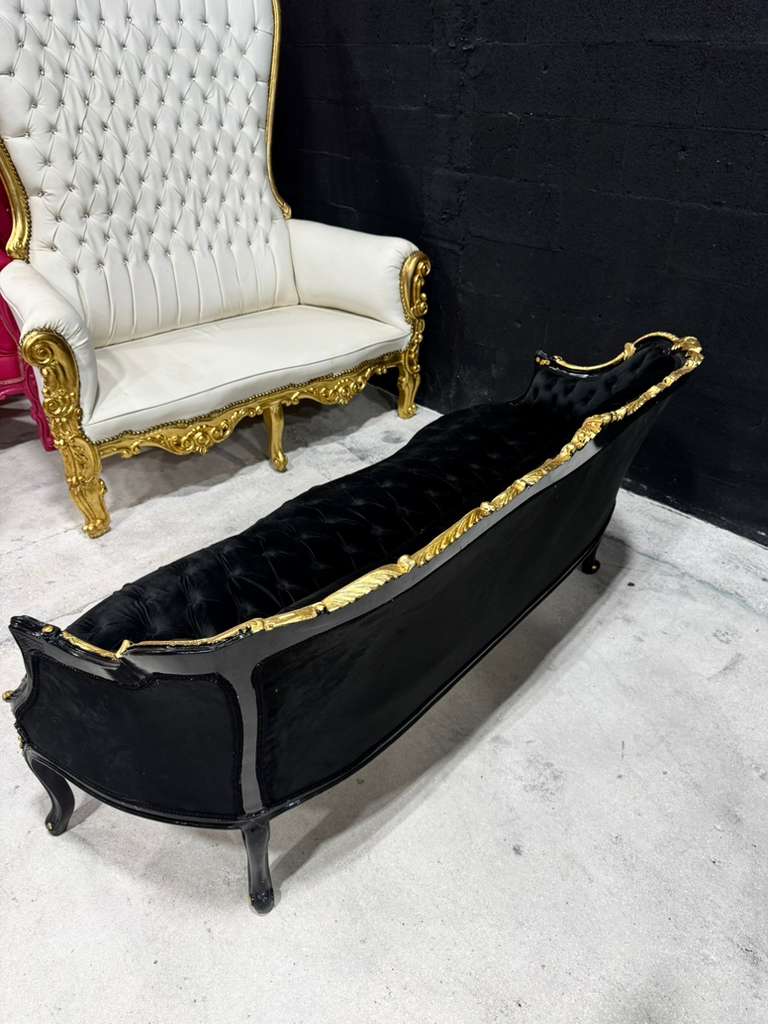 Midnight Gothic Black Velvet Sofa with Hand-Applied 24K Gold Leaf Frame