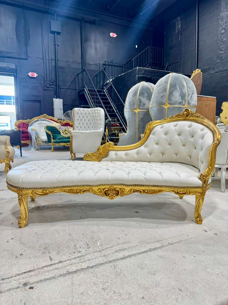 French Rococo Chaise Lounge in Off-White Leather with Hand-Applied Gold Leaf Details