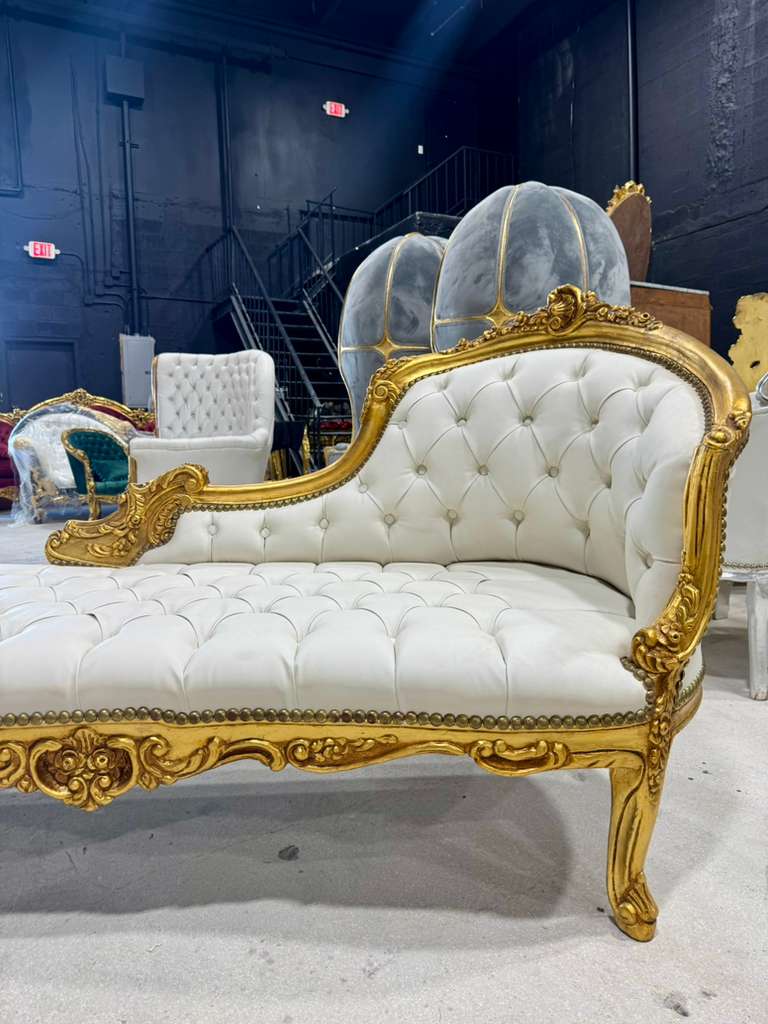 French Rococo Chaise Lounge in Off-White Leather with Hand-Applied Gold Leaf Details