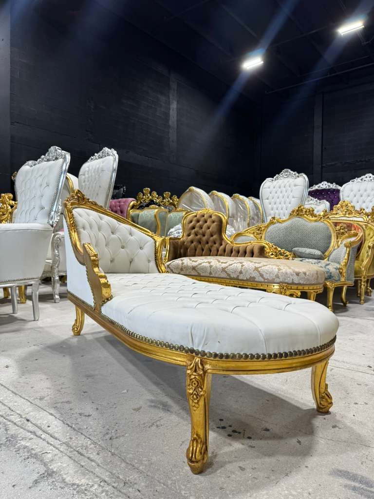 French Rococo Chaise Lounge in Off-White Leather with Hand-Applied Gold Leaf Details