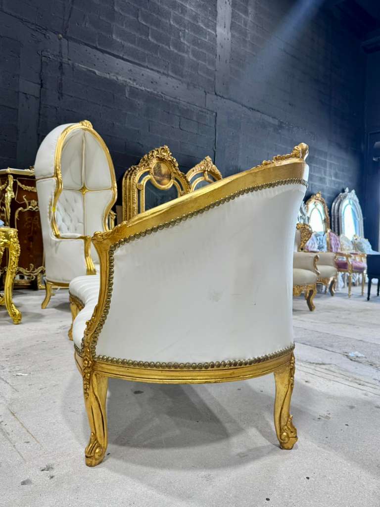 French Rococo Chaise Lounge in Off-White Leather with Hand-Applied Gold Leaf Details