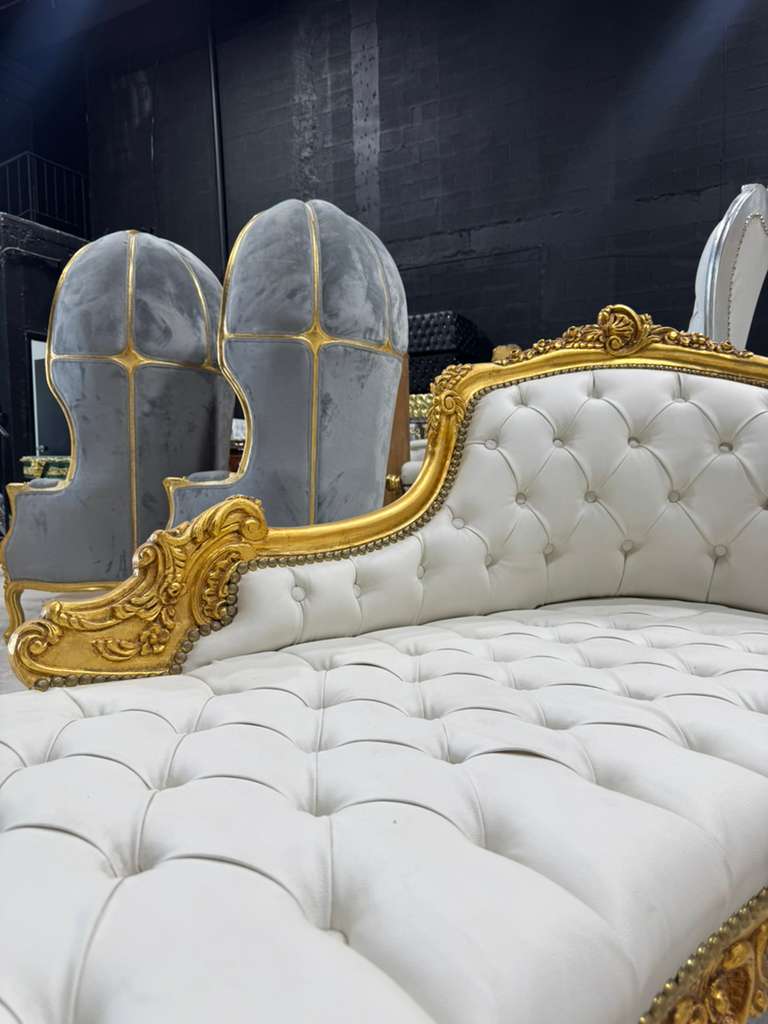French Rococo Chaise Lounge in Off-White Leather with Hand-Applied Gold Leaf Details