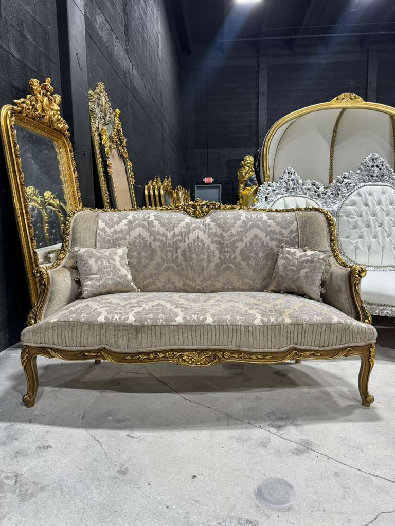 Romantic French Baroque Sofa in Beige and Ivory with Hand-Applied Gold Leaf