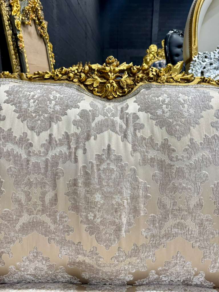 Romantic French Baroque Sofa in Beige and Ivory with Hand-Applied Gold Leaf
