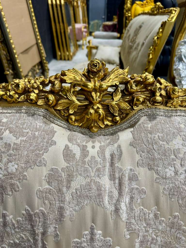 Romantic French Baroque Sofa in Beige and Ivory with Hand-Applied Gold Leaf