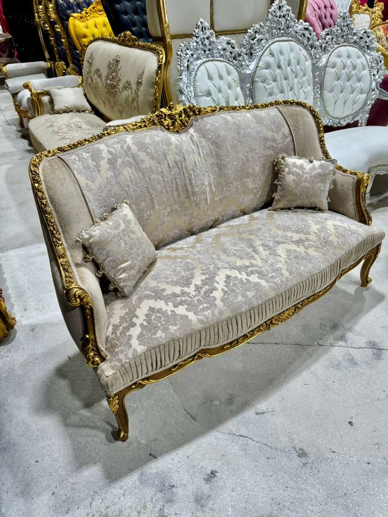 Romantic French Baroque Sofa in Beige and Ivory with Hand-Applied Gold Leaf