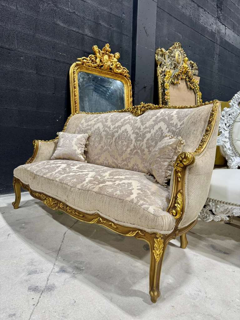Romantic French Baroque Sofa in Beige and Ivory with Hand-Applied Gold Leaf