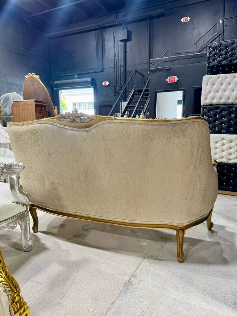 Romantic French Baroque Sofa in Beige and Ivory with Hand-Applied Gold Leaf