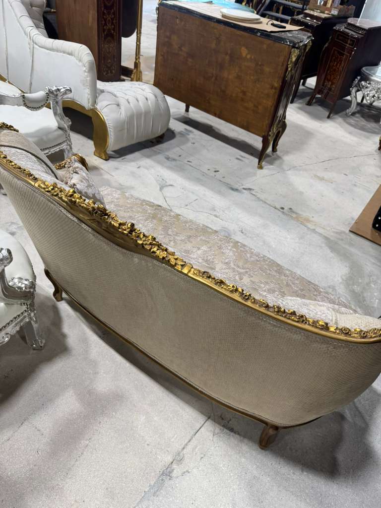 Romantic French Baroque Sofa in Beige and Ivory with Hand-Applied Gold Leaf