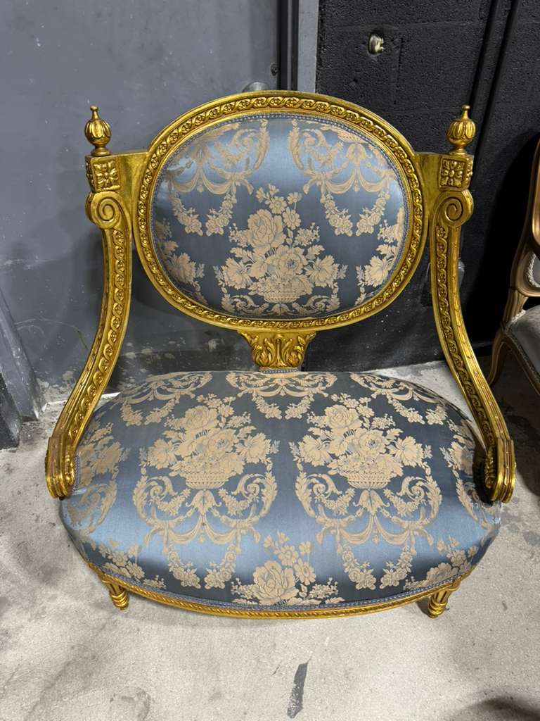 French Louis XV Blue Accent Chair with Gold Leaf – Rococo Baroque Style