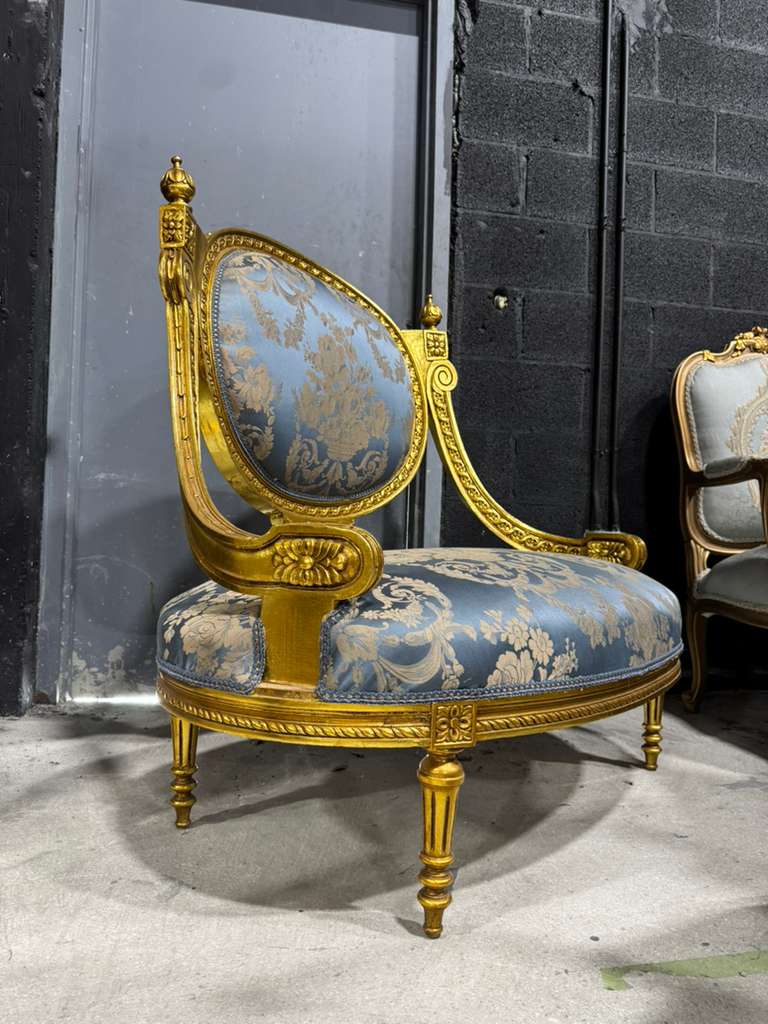 French Louis XV Blue Accent Chair with Gold Leaf – Rococo Baroque Style