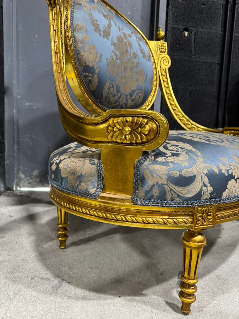 French Louis XV Blue Accent Chair with Gold Leaf – Rococo Baroque Style