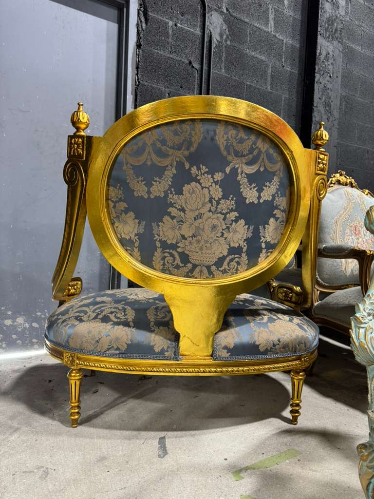 French Louis XV Blue Accent Chair with Gold Leaf – Rococo Baroque Style