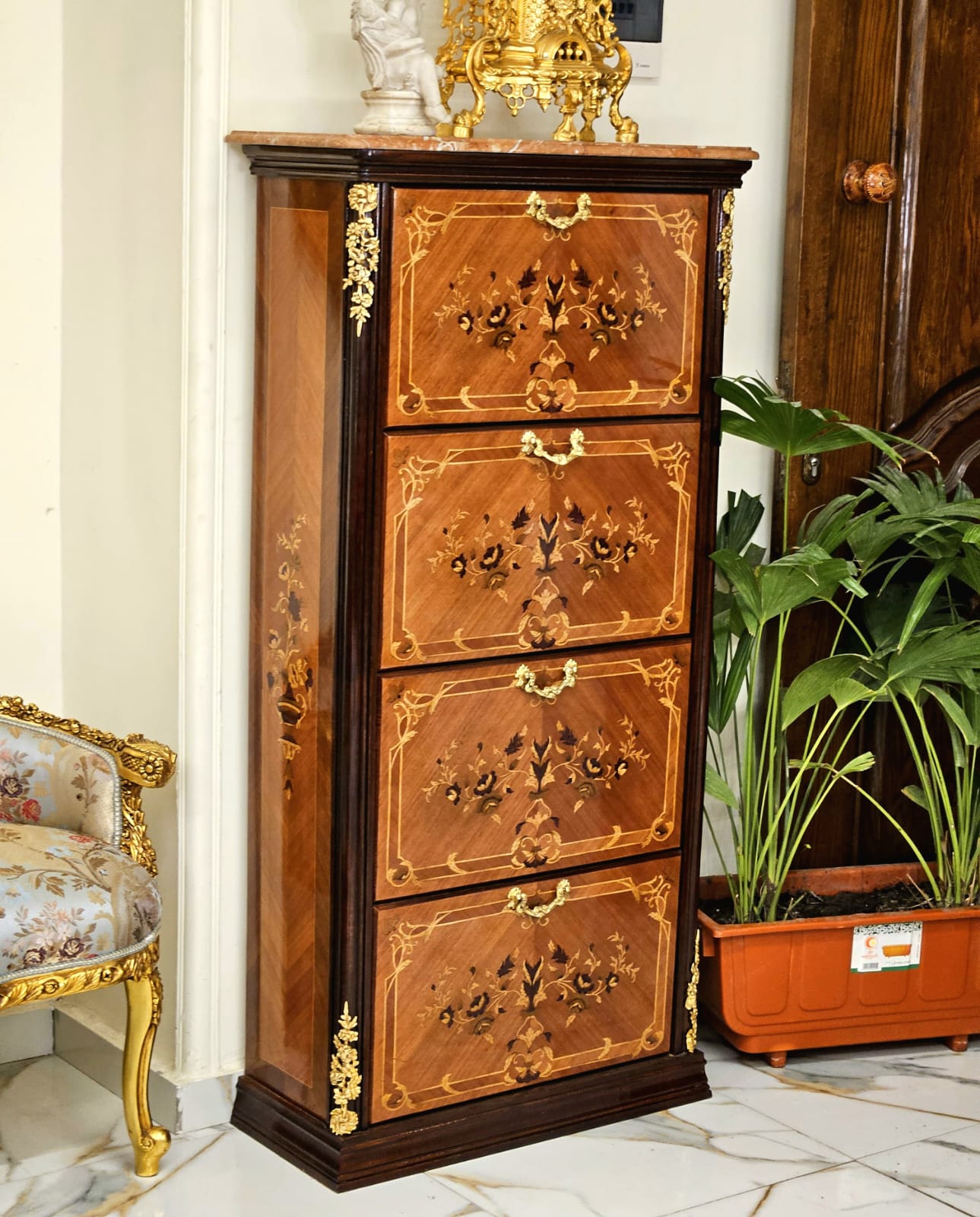 French Louis XV Shoe Cabinet – Inlaid Wooden Entryway Storage with Bronze Accents
