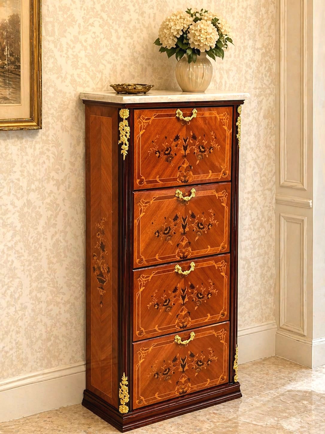 Luxury French Inlaid Shoe Cabinet – Antique Style Wooden Storage Chest with Marquetry