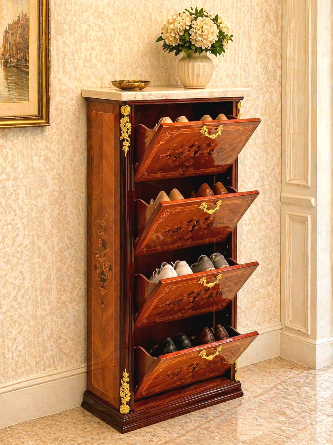 Luxury French Inlaid Shoe Cabinet – Antique Style Wooden Storage Chest with Marquetry