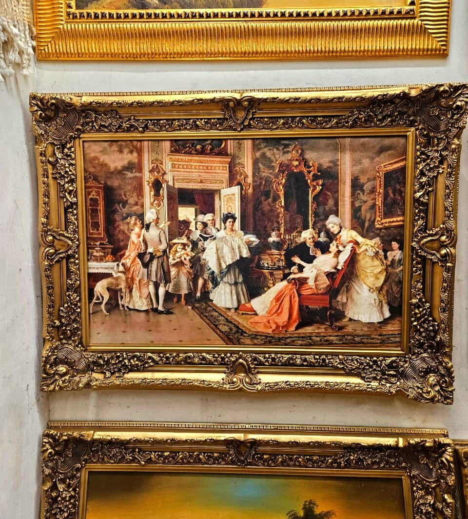 Victorian Living Room Wall Art Print on Cotton Fabric – Elegant Social Gathering Scene, Vintage Gold Frame