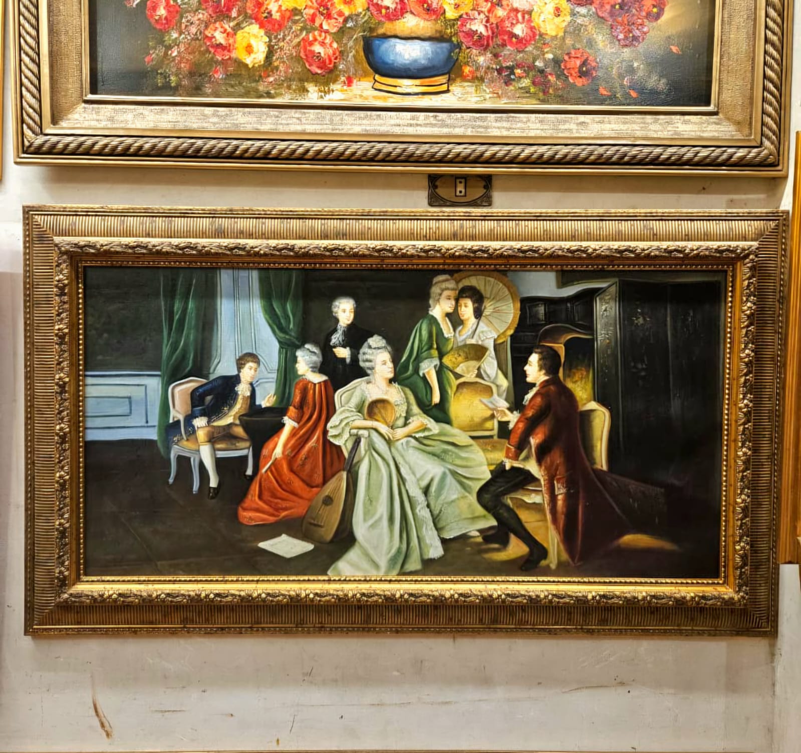 Victorian Parlor Wall Art Print on Cotton Fabric – Multicultural Gathering Scene, Vintage Gold Frame
