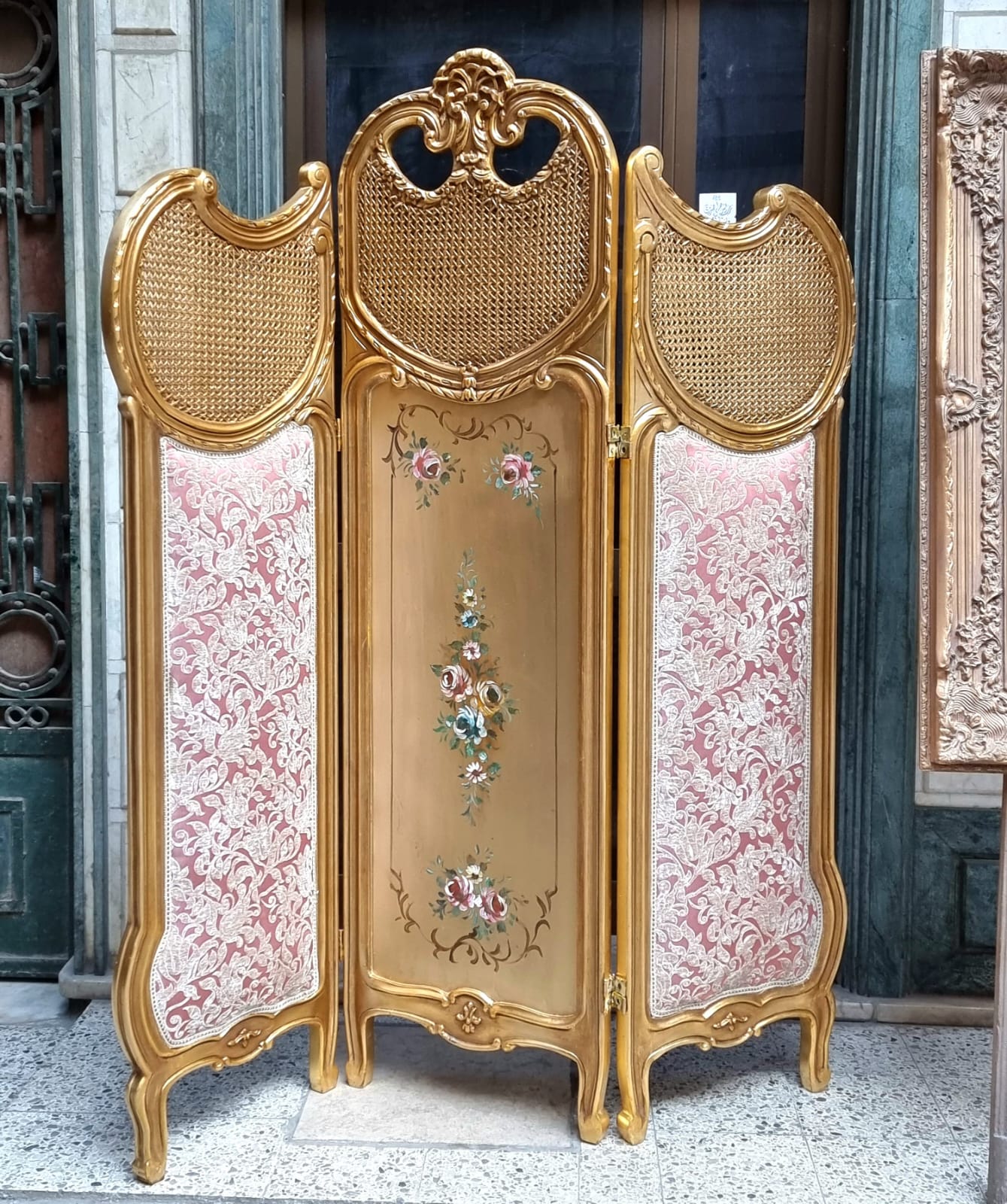 French Style Room Divider with Gold Leaf Frame – Multicolor Folding Screen