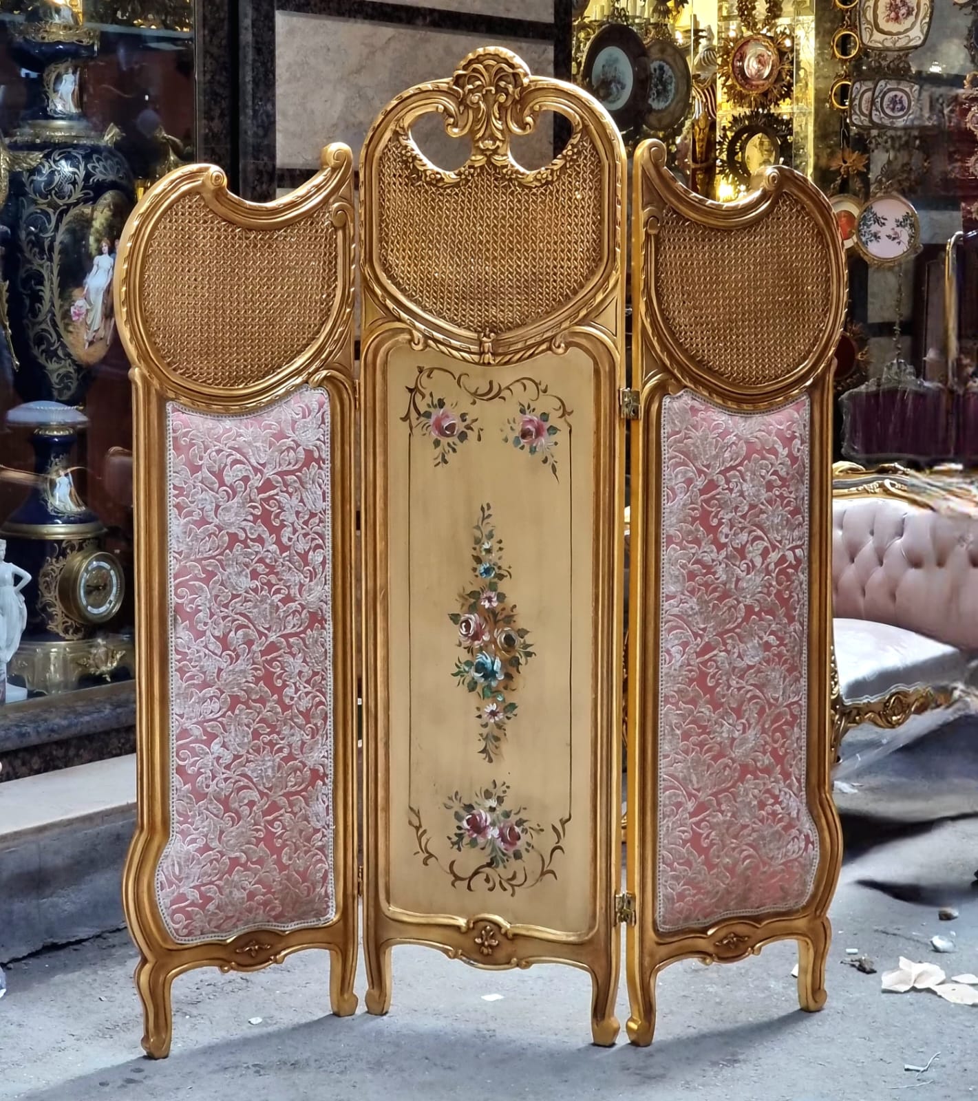 French Style Room Divider with Gold Leaf Frame – Multicolor Folding Screen