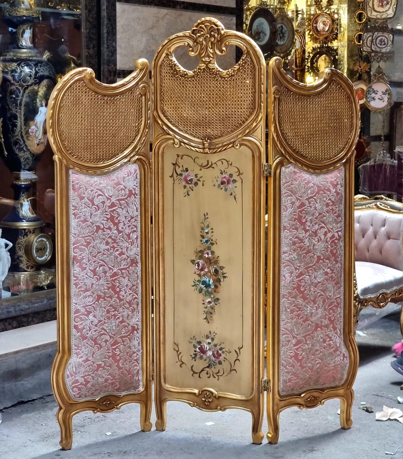 French Style Room Divider with Gold Leaf Frame – Multicolor Folding Screen