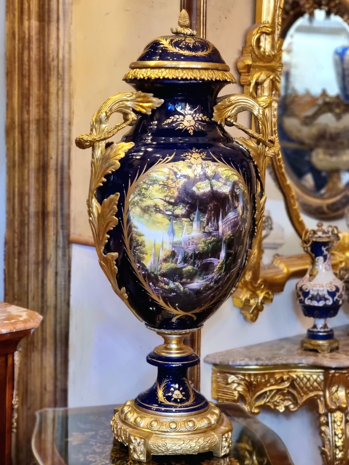 French Porcelain Vase – Dark Blue Romantic Landscape with Gold Leaf & Bronze Details