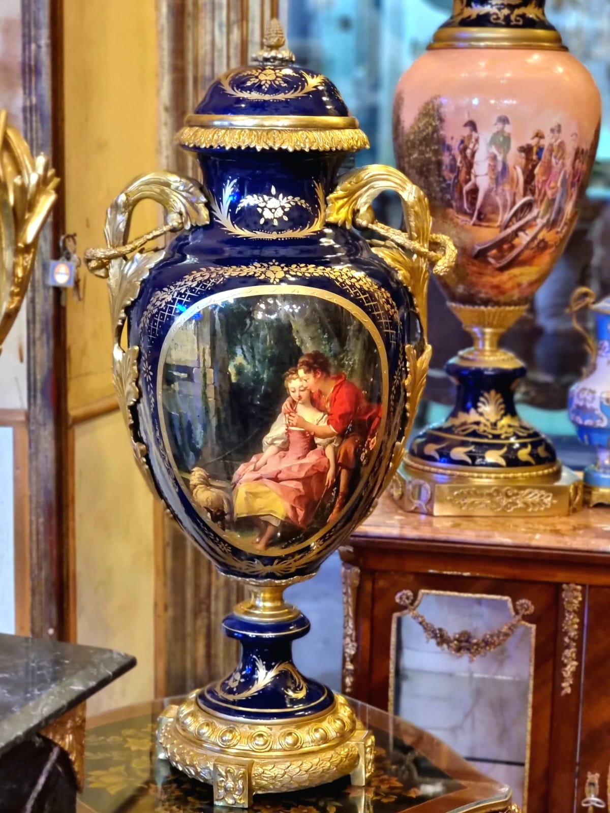 French Porcelain Vase – Blue Romantic Couple with Gold Leaf & Bronze Details