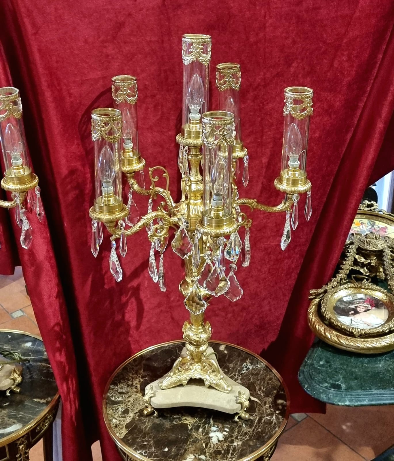 French Crystal Candelabra Lamp – Gold Leaf & Bronze Table Lighting with Hanging Crystals