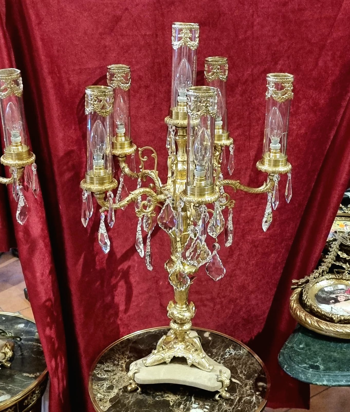 French Crystal Candelabra Lamp – Gold Leaf & Bronze Table Lighting with Hanging Crystals