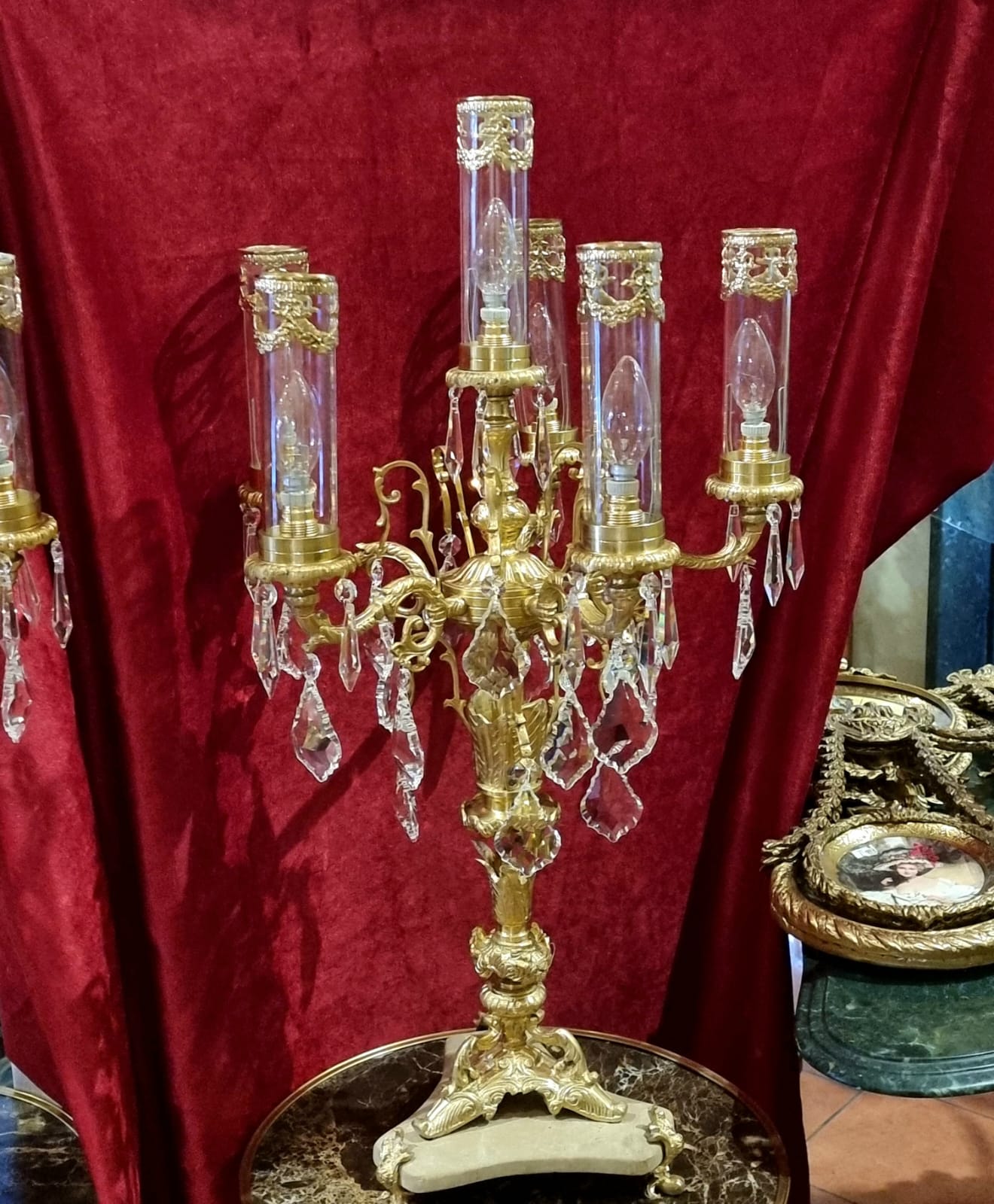 French Crystal Candelabra Lamp – Gold Leaf & Bronze Table Lighting with Hanging Crystals