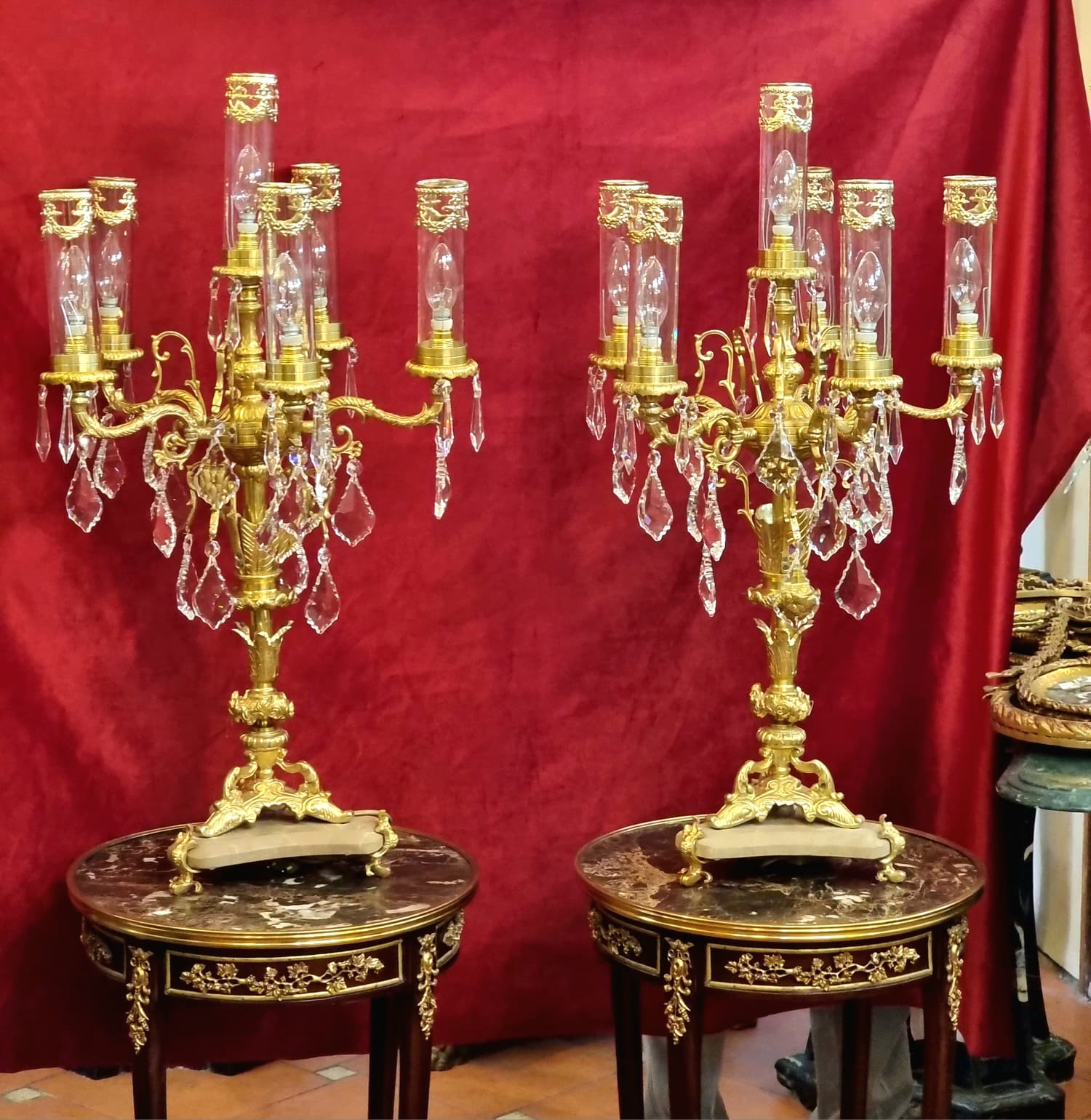 French Crystal Candelabra Lamp – Gold Leaf & Bronze Table Lighting with Hanging Crystals