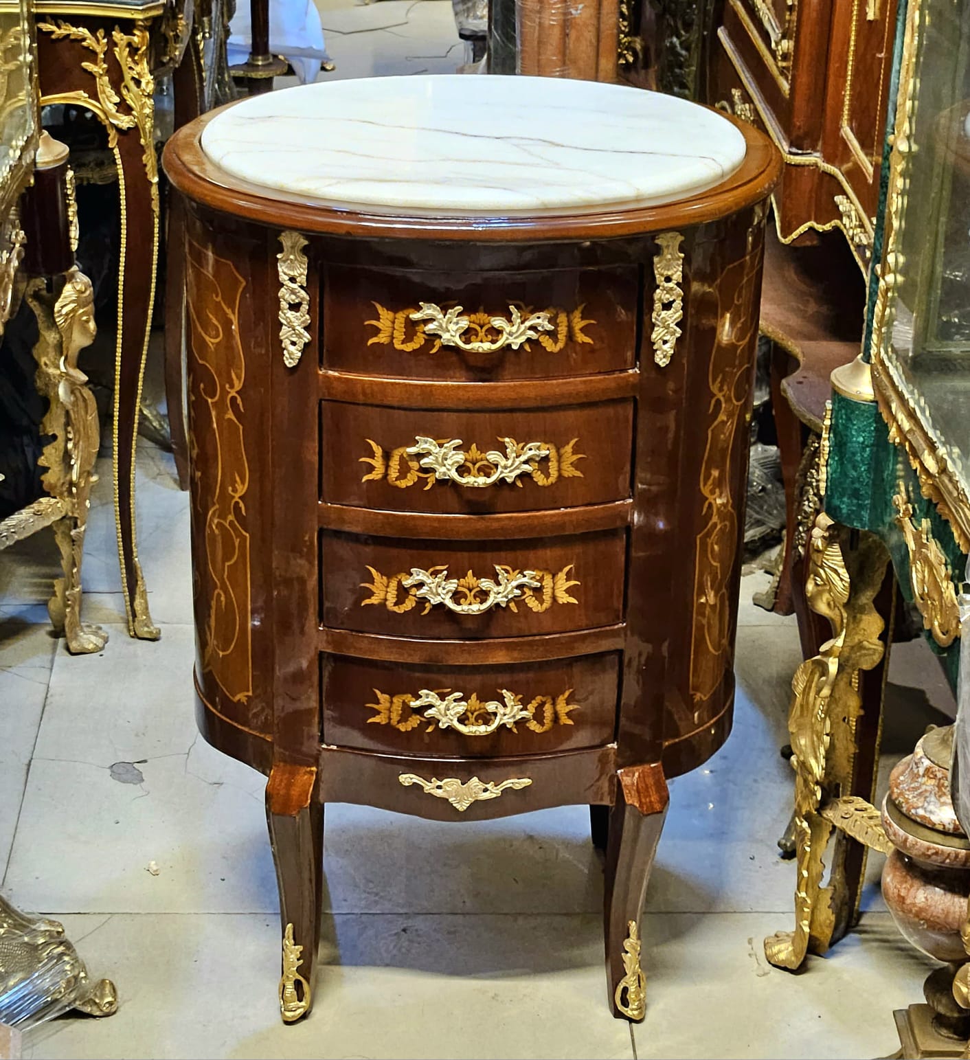 Luxury French Marble Top Nightstand – Inlaid Wood Commode with Gold Bronze Details